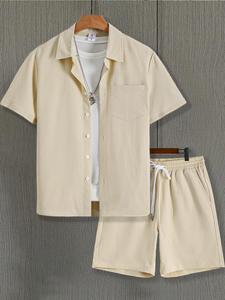 Two-piece Set Men's Solid Color Short Sleeve Shirt & Drawstring Waist Shorts, Regular Fit Casual Fashion Cozy Breathable Men Two-piece Outfits for Summer, Shortsleeve