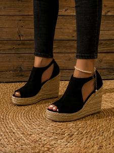 Women's Fashionable Espadrille Peep Toe Wedge Sandals, Casual Hollow Out Design Buckle Decor Flatform Shoes For Beach Party Vacation, Fashion Shoes For Party, Daily Clothing Decor, Wedges Platform Sandals, Peep Toe Heels