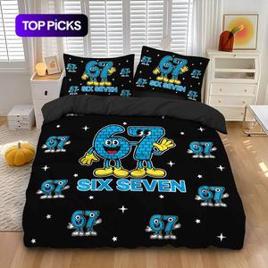 67 Internet Meme Themed 3-Piece Bedding Set (1 duvet cover + 2 pillowcases, no insert) "67 Digital Party" Cartoon Print Duvet Cover Set, soft and comfortable bedding set, perfect for room decor, trendy digital enthusiasts, and a great gift.