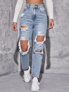 Women's Plain Ripped High Waist Jeans, Casual Comfy Pocket Denim Pants for Daily Wear, Ladies Bottoms for All Seasons, Womenswear