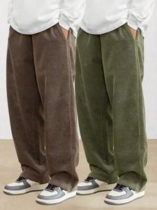 Men's Solid Corduroy Pants, Casual Comfy Elastic Waist Straight Leg Trousers for Fall & Winter, Men's Bottoms for Daily Wear