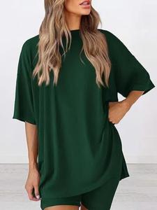 Women's Solid Color T-Shirt and Tight Shorts Lounge Set, Casual Comfortable Round Neck Sleepwear for Summer, Features Pockets and Suitable for Outdoor Wear
