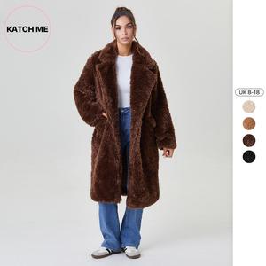 Katch Me Look UK Women's Cozy Notch Lapel Fluffy Double Breasted Thermal Outerwear, Leisure Fuzzy Outerwear Jacket for Fall & Winter, Comfortable Womenswear
