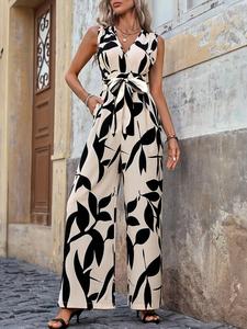 Women's Leaf Print Sleeveless Jumpsuit, Elegant Fashion Casual Pocket Jumpsuit for Daily Outdoor Wear, Ladies Clothes for All Seasons