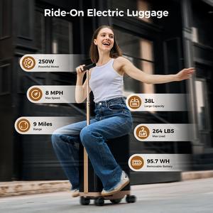 Ride on Electric Suitcase Scooter,Carry On Luggage, Electric Riding Luggage with 250W Motor, Removable 95.7Wh Battery (Pressure-Resistant & Explosion-Proof) | 38L Storage, Ultra-Lightweight 13.2LBS, Adjustable Speed 2.5-8MPH, TSA-Approved for Travel