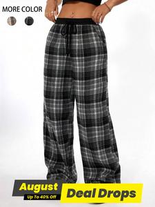 Women's Plaid Print Drawstring Waist Wide Leg Pants, Casual Comfy Pocket Trousers for Spring & Fall,  Streetwear, Women's Bottoms for Daily Wear