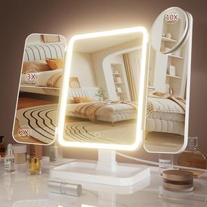 Portable LED Light Makeup Mirror, 3-fold Foldable Rechargeable Mirror with 2x 3x & 10x Magnification, Touch Control Mirror for Travel & Bedroom Use