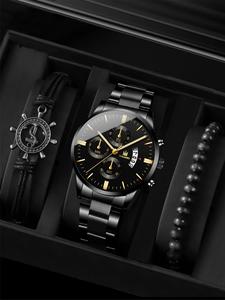 Men's Business Fashion Round Dial Analog Quartz Watch, with 2pcs Braid Adjustable Beaded Bracelet Set, Daily Clothing Decoration