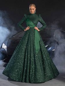 Luxury Dark Sequin High Neck Dress with Bow Belt, Elegant Puff Sleeve Evening Gown for Women's Party and Ball