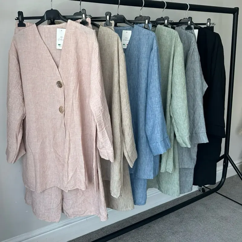V-Neck Linen Feel Lightweight Summer Coord Set Womenswear