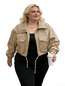 Women's Plus Size Collared Short Jacket with Zipper, Lightweight Oversized Windbreaker Coat, Pocketed Fashion Outerwear for Casual Spring & Fall