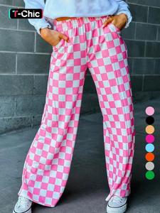Women's Plaid Print Pocket Elastic Waist Straight Leg Pants, Casual Comfy Trousers for Daily Wear, Ladies Bottoms for All Seasons