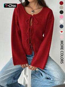 Women's Solid Tie Front Drop Shoulder Cardigan, Casual Long Sleeve Round Neck Jumper for Fall & Winter, Fashion Ladies' Knitwear for Daily Wear