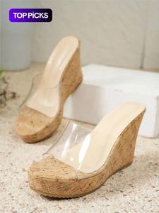 Women's Fashionable Cork Wedge Sandals, Wedge Heels, Sandal Wedges, Classy Comfortable Elegant Transparent High Heel Sandals for Summer, Female All-match Platform Elegant Party Shoes for Daily Wear