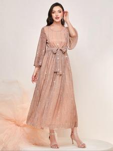 Women's Glitter Sequin Belted A Line Dress, Regular Fit Fitted Elegant Elegance 3/4 Sleeve Round Neck Long Dress for Party Holiday Wedding Guest, Ladies Spring & Fall Clothes Womenswear