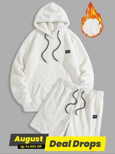 Men's Long Sleeve Thermal Long Sleeves Hooded Sweatshirt & Drawstring Waist Short Fleece Set, Casual Fashion Cozy Breathable Two-piece Outfits for Daily Outdoor Wear, Cream Men Clothes for Spring & Fall, Sets for Men Clothing, Menswear, Hoodie Shorts Set