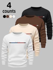 Men's Letter & Geometric Print Drop Shoulder Warm Sweatshirt, Casual Loose Long Sleeve Round Neck Pullover for Fall & Winter, Men's Clothes for Daily Wear