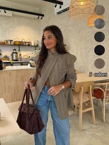 Women's Spring Summer New Plaid Asymmetrical Casual Blazer, High-End Elegant Vintage Design, Fashionable Outerwear for Ladies