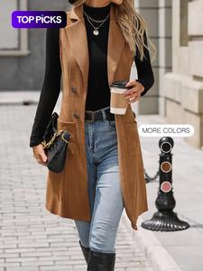 Women's Solid Button Decor Lapel Neck Suede Vest Blazer, Casual Sleeveless Pocket Open Front Longline Outerwear for Spring & Fall, Ladies Clothes for Daily Wear, Jackets for Women, Long Gilet Women,  Vest Tops Women Uk