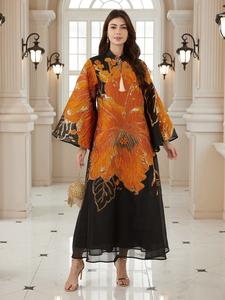 Women's Traditional Floral Art Dress Jaiabia, Long Sleeve Loose-Fitting Abaya, Boho Style Evening Gown, All Seasons Fashion