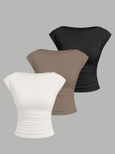 Women's Fashion Slim Fit Casual Comfort Crop Top T-Shirt Set, Multi-Color Three-Piece, Solid Color Waist Cinched Ruched Tee, Summer Clothing
