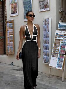 Women's Colorblock Backless Halter Neck Sweater Dress, Casual Sleeveless Knitwear for Summer, Fashion Women's Clothing for Daily Wear