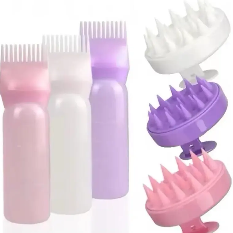 Silicone Shampoo Brush Head Scalp Massage Comb Hair Dye Tint Oil Applicator Bottle with Brush Barber Salon Hair Styling Tools