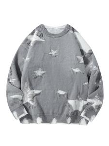 Men's Star Print Ripped Drop Shoulder Sweater, Regular Fit Casual Long Sleeve Round Neck Jumper for Fall & Winter, Fashion Men's Knitwear for Daily Wear