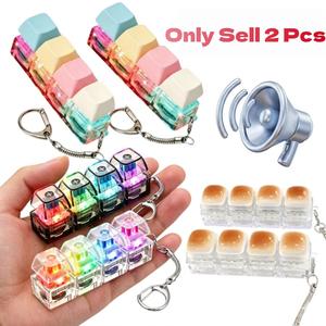 2 Pcs 4-in-1 Keyboard Adult Fidget Clicker Toy with LED Light Silent and Loud Keyboard Fidget Portable Sensory Fidget Keychain Cube Mechanical Key Button Clicker Stress Relief Fidgeting Gift for Office, Car and Home Pass Time