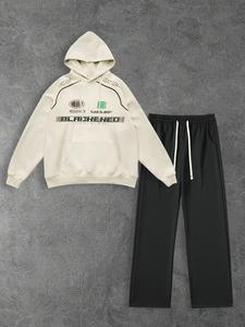 Men's Letter Print Drop Shoulder Hoodie & Pants Two-piece Set, Fashion Casual Regular Fit Drawstring Hooded Sweatshirt & Trousers for Daily Outdoor Wear, Men's Outfits for Fall & Winter