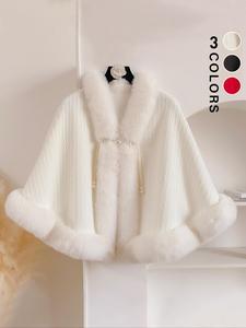 Women's Solid Color Contrast Faux Fur Cape Shawl, Casual Warm Shawl for Fall & Winter, Fashion Accessories for Daily Wear Poncho