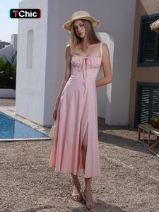 Women's Plain Ruched Lace Up Split Cami Dress, Elegant Tie Front Sleeveless Midi Dress for Summer, Summer Outfits 2024, Fashion Women's Dress for Beach Holiday