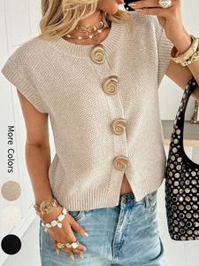 Women's Round Neck Button Front Cardigan Knit Vest Spring Summer Casual Loose Fit Solid Color Loose Fit Daily Wear Stylish Knit Top, Women Summer Tops, Summer Cardigan For Women, Womenswear, Everyday