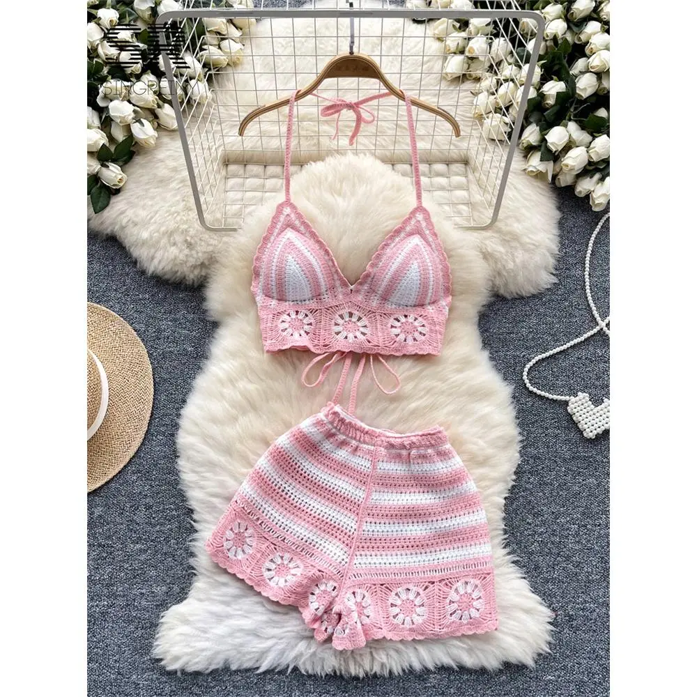 SINGREINY Beach Vacation Knit 2pcs Suits Women Halter Sleeveless Lace Up Camis+Elastic Waist Shorts Hook Flower Hollow 2pcs Set Womenswear Clothes Comfort Gamis Black