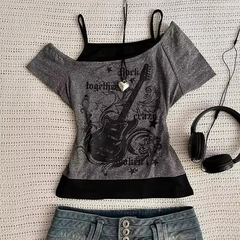 Y2k Slim Fit Print Tops Women Off Shoulder Short Sleeve Tee Shirt  American Vintage Fake Two Piece Halter Lace Up T-shirts