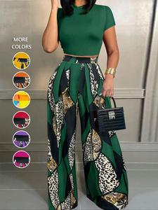 Women's Solid Mock Neck Crop Top & Leopard Print Elastic Pleated Pants Two-Piece Set for Daily Outdoor Wear, Ladies Clothes for All Seasons, Womenswear