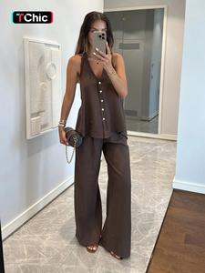Women's Casual Vacation Style Halter Neck V Neck Backless Tie Back Sleeveless Crop Top with Wide Leg Pants Set