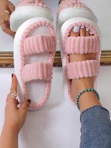 Double Strap Platform Home Slippers, Matching Fuzzy Warm Cozy Bedroom Slippers for Gifts, Comfy Casual Soft Pink Fur Slippers for Women, Walking Shoes, Footwear, House Slippers
