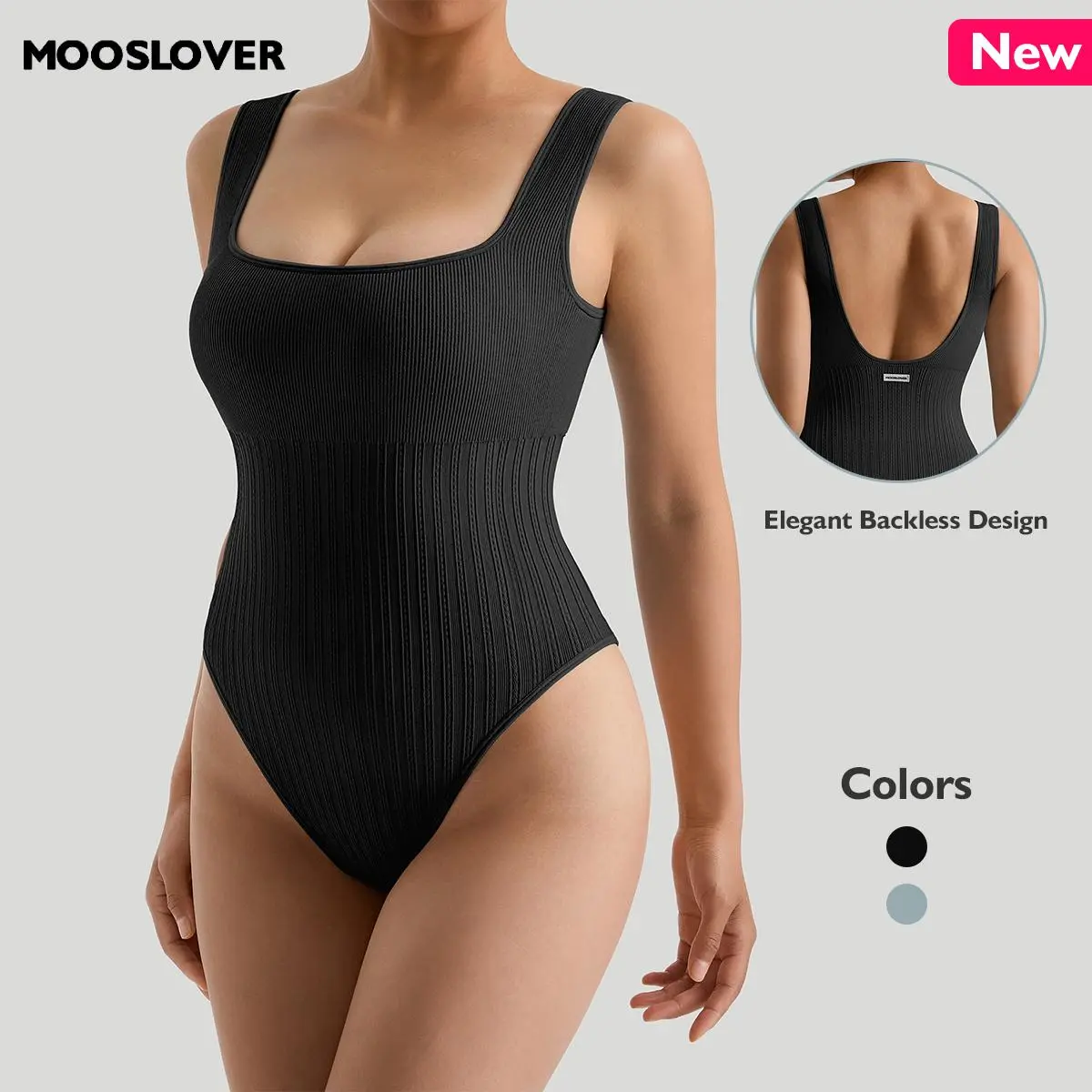 Mooslover UK Lightweight Ribbed Bodysuit With Padded Bra - Form-Fitting, U-Back, Breathable, Smoothing Fit Womenswear Tops Comfort Sleeveless Basic Black Minimalist