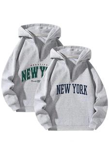 Men's Letter Print Half Zip Hoodie, Casual Loose Long Sleeve Hooded Sweatshirt for Spring & Fall, Fashion Men's Clothes for Daily Wear