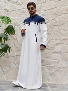 Men's Striped Print Half Button Kaftan Thobe, Modesty Thobe, Muslim Thobe, Modest Long Sleeve Pocket Arabian Clothing, Traditional Arabic Robe, Fashion Men's Islamic Clothing for Spring & Fall