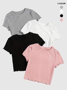 Women's Solid Lettuce Trim Short Sleeve Crew Neck Tee, Casual Round Neck T-shirt for Summer, Summer Outfits 2024, Women's Top for Daily Wear