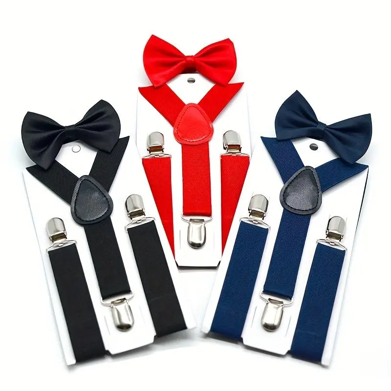 All-gender girls and boys pure color 3-piece Y-shaped halter and bow tie set for children - children's halter + bow tie two-piece set