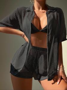 Women's Solid Color Open Front Cover Up & Shorts Set, Casual Fashion Short Sleeve Swimwear Set for Beach Holiday Vacation, Ladies Swimsuit for All Seasons, Beach Cover Ups, Swimming, Clothing, Outfits