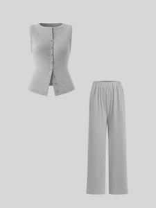 Two-piece Set Women's Solid Color Button Front Vest & Wide Leg Pants, Casual Sleeveless Top & Trousers Set for Daily Wear, Ladies Two-piece for All Seasons, Clothes, Minimalist Womenswear