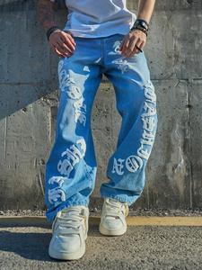 Men's Letter Print Denim Jeans, Loose Casual Straight Leg Jeans for Daily Wear, Men's Trousers for All Seasons, Jeans for Men, Cotton