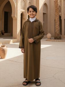 Middle Eastern Muslim Boys' Classic Hooded Robe, Embroidered Long Sleeve with Side Pockets, Suitable for 8-12 Years, Ramadan Celebration, Modesty