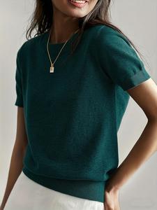 Women's Casual Loose-Fitting Knit Sweater, Round Neck Short Sleeve Pullover, Spring & Fall Fashion, Plain Color, Comfortable Innerwear Top