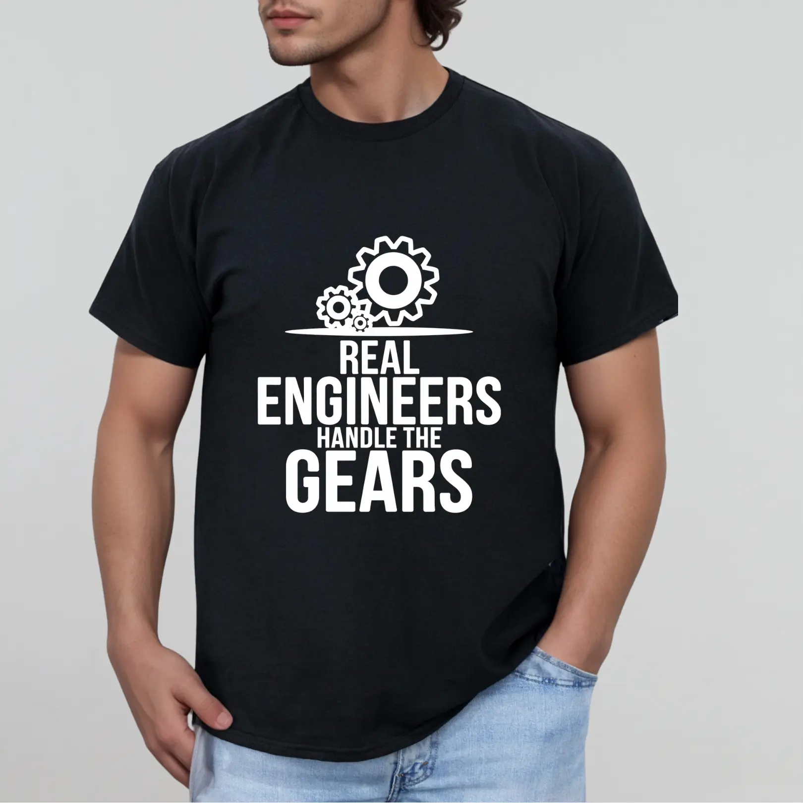 Industrial Engineering Real Engineers Handle the Gears Shirt – Comfortable crew neck tee for men, perfect for casual wear, workdays, or weekend hangouts with a gear-inspired engineering touch.