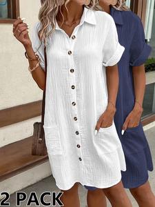 Women's Linen Dress, Summer Casual Button Down Shirt, Loose-Fitting Tunic, Short Sleeve Midi Dress with Pockets, All Seasons